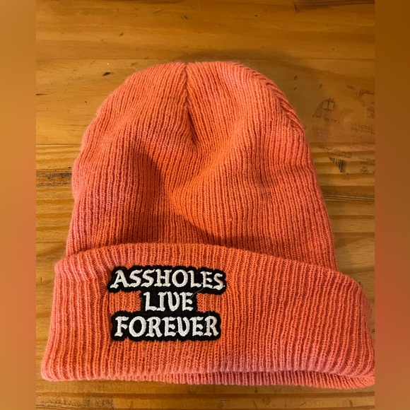 assholes live forever Accessories - Orange Knit Beanie with Patch